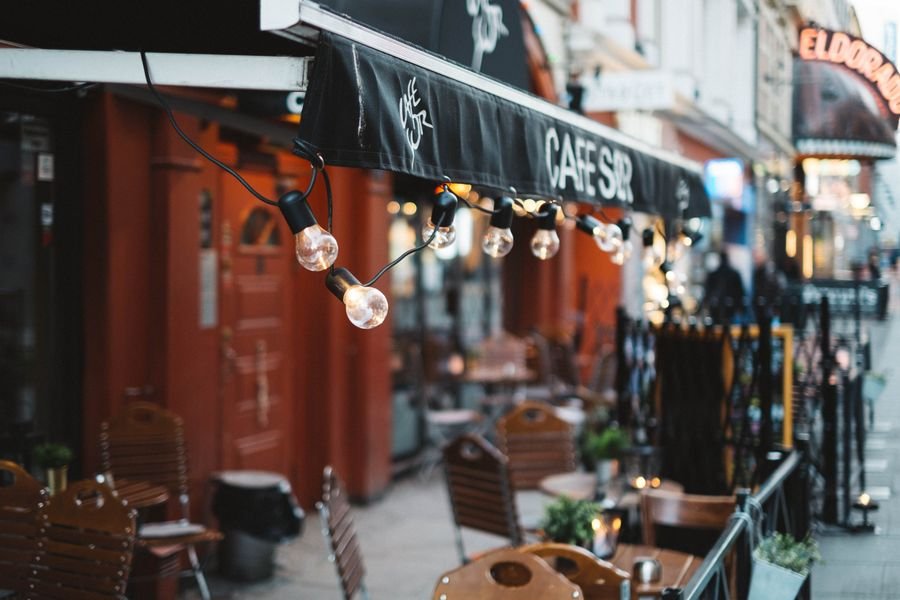 Outdoor bistro string lights over a cafe